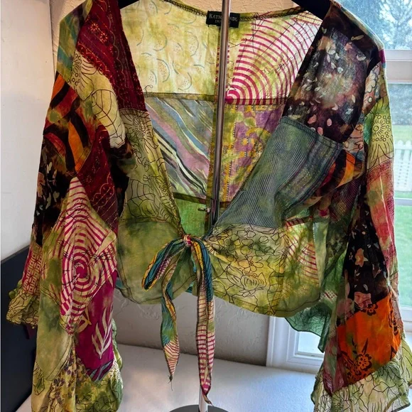 Kathmandu Imports Boho Patchwork Tie Front Bell Sleeve Blouse size small/medium - Picture 2 of 9